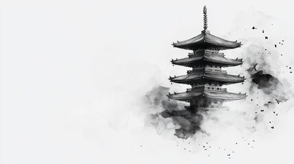 Ink wash painting of a pagoda with a serene, misty atmosphere in black and white