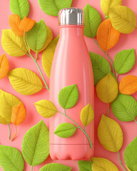 A pastel pink insulated water bottle rests among colorful, stylized leaves