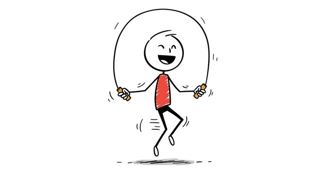 Animated stick figure joyfully jumping rope, fitness and wellbeing concept