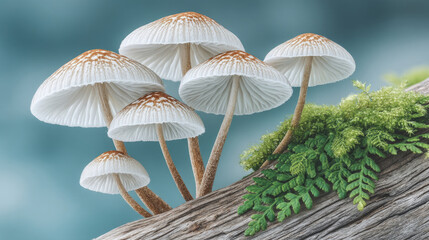 Cluster of delicate, white mushrooms with brown spots growing on a wood log, moss