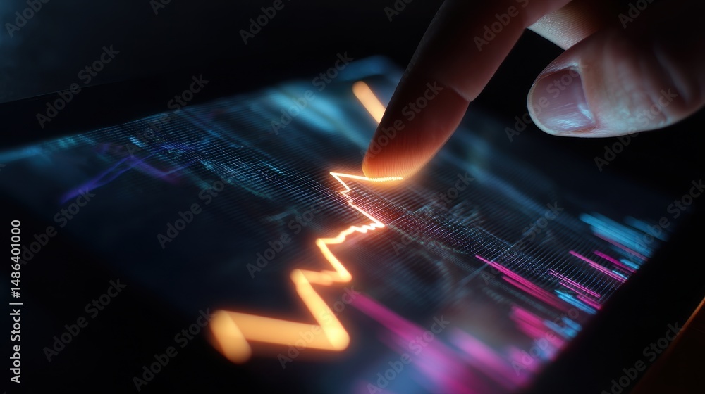 Poster close-up shot of finger pointing at upward trend on tablet displaying financial data and chart analy