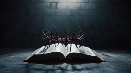 Crown of Thorns on Holy Bible: A symbolic representation of sacrifice and faith.
