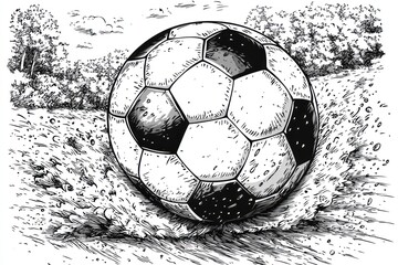 Black and white sketch of a soccer ball rolling on grass.