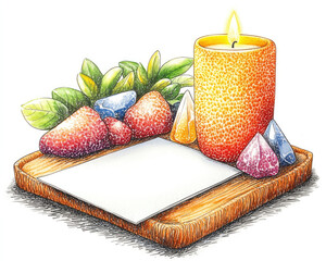 Illustration of zen arrangement lit candle, stones, foliage, and blank paper on wooden tray