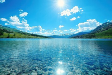 Bright summer day at clear lake under sunny blue sky with mountains in the background, Clear lake under a bright blue sky in summer ing