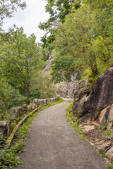 Scenic walking path through lush greenery in Norway during summer month. Curvy gravel road with large rocks creating a fence on one side and a rock wall on the other side. 