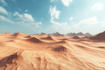 Naklejka premium Vast and serene desert landscape with rolling sand dunes under a bright blue sky, desert wasteland with sand dunes, Seamless ing Photo background