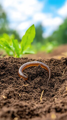 An earthworm arches amidst rich soil, a plant sprouts nearby, with a blue sky