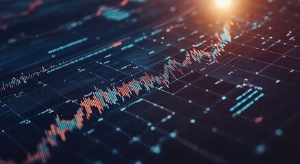 Futuristic financial data visualization on a digital interface, showing trending stock market data in fluctuating lines and grids of information. 