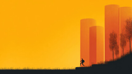 Silhouette of a figure running towards the giant structures, sunset hues dominate