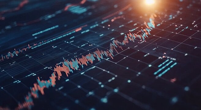 Futuristic financial data visualization on a digital interface, showing trending stock market data in fluctuating lines and grids of information. 