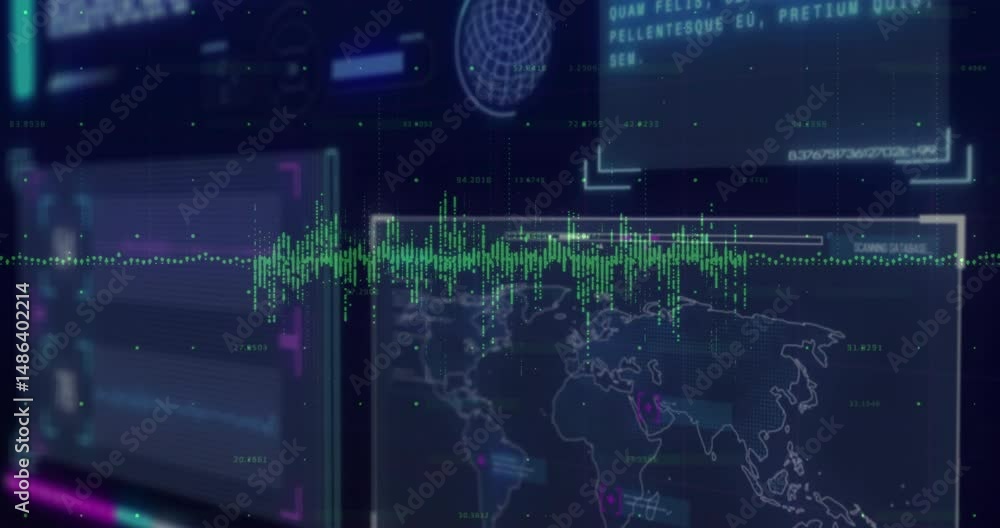 Poster green waveform graph pulsing on dark dashboard, showing numeric overlays, panels and world map