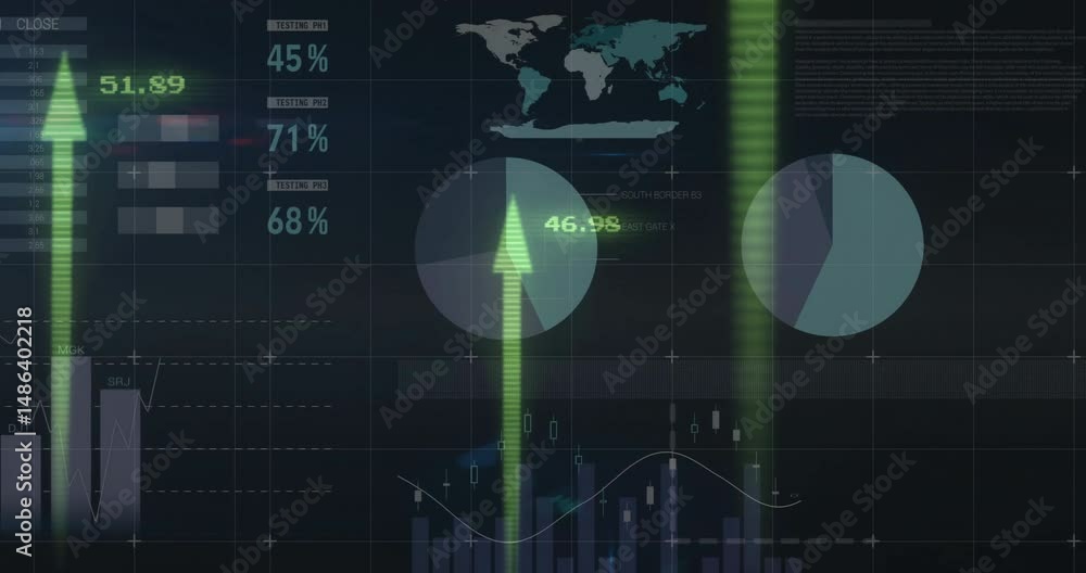 Poster Central green arrow pulsing over dark grid interface, pie charts updating and bar chart fluctuating
