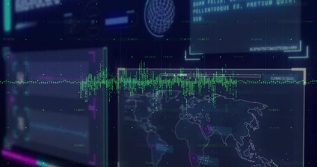 Green waveform graph pulsing on dark dashboard, showing numeric overlays, panels and world map - Powered by Adobe