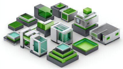 Isometric view of architectural models with varied green accents