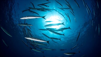 Underwater View of a Fish School Swimming Upwards Towards Bright Sunlight