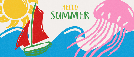 Summer bright banner with sun, sea, jellyfish and ship. Fashionable design for poster, branding, sales, promotion.