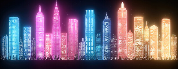 Pixelated cityscape at night glows with bright colors under starry sky