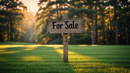 A wooden for sale sign stands on a lush green lawn with trees in the background at golden hour light