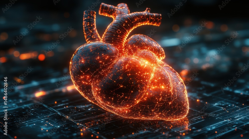 Poster heart designed with glowing digital elements showcasing advanced technology in a futuristic setting 