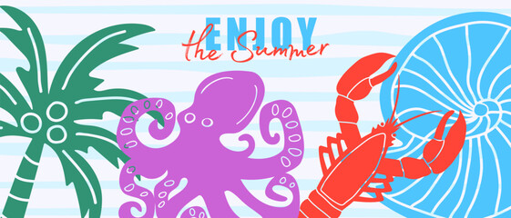 Abstract summer poster in art doodle style with hand drawn shells, lobster, octopus and palm tree. Trendy summer bright design for branding, advertising.