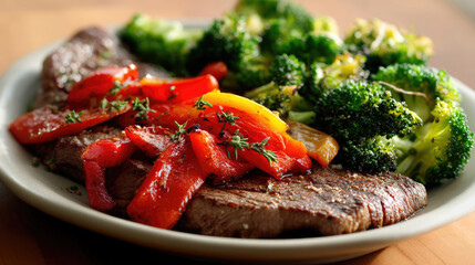 Grilled steak topped with sauteed peppers, with broccoli florets on a plate