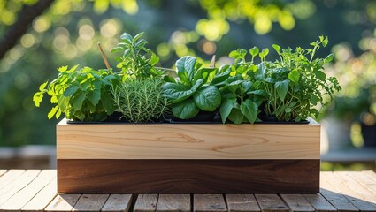 Herb garden in a wooden planter box on a wooden table with a blurred green background outdoors setting