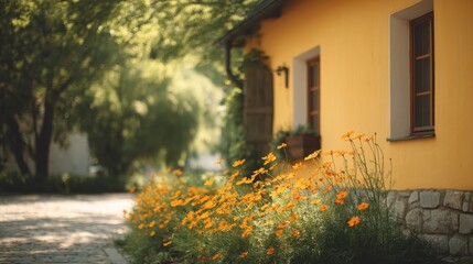Sunny yellow house facade with blooming flower garden, front view with shallow depth of field, warm afternoon light