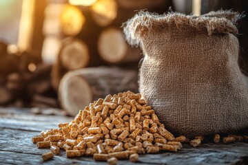 Pellets spilling from a burlap sack on a rustic wooden surface near stacked logs in warm evening light
