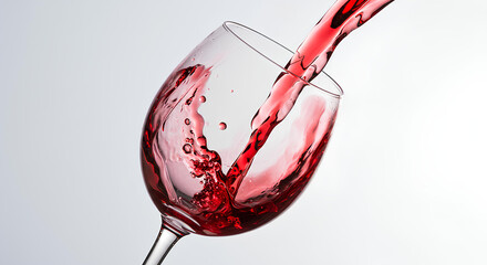 Fototapeta premium Vinho tinto sendo servido em taça de vidro, com respingos visíveis em fundo claro.