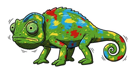 Fototapeta premium Cartoon Chameleon with Large Eyes and Curly Tail Standing on Isolated White Background