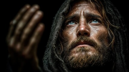 Obraz premium Man with disheveled hair and beard looks upward in a darkened environment while appearing to seek help or guidance
