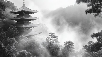Japanese pagoda emerges from mist in a serene, mountainous landscape, trees and fog