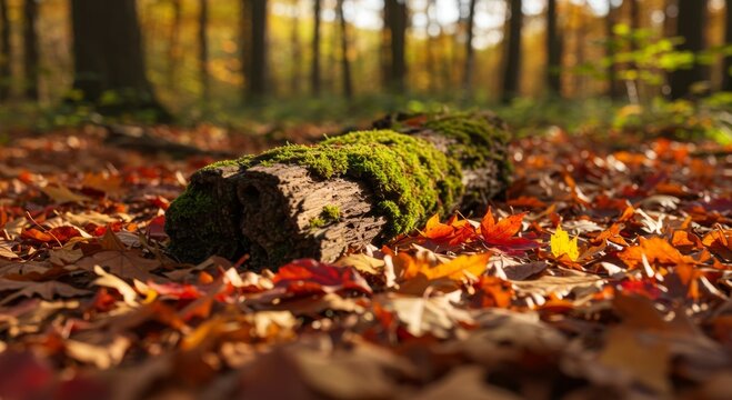 Moss Covered Log among Autumn Leaves in a Forest