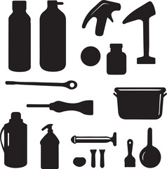 Fototapeta premium Black Silhouette Vector Set: Cleaning Supplies, Tools, and Containers