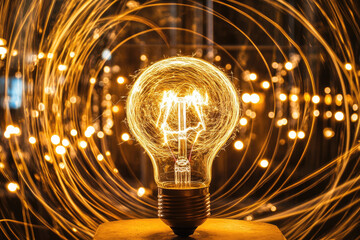 A glowing bulb on a wooden surface surrounded by swirling light trails