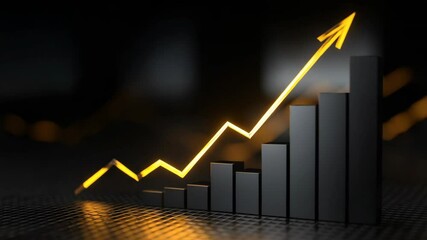 Digital 3D render of black bar graph with bright yellow arrow, showing success and upward trend in dark environment. - Powered by Adobe