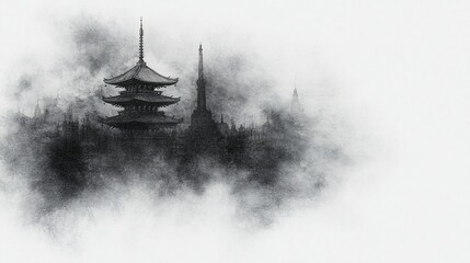 Japanese pagoda shrouded in misty atmosphere, monochrome aesthetic