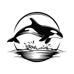 Orca Silhouette Leaping Out Of The Water, Black and White, Sea Mammal, Circular © Shipon