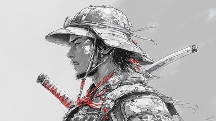 Japanese warrior portrait in grayscale, wearing samurai armor. Sword, helmet, and determined expression