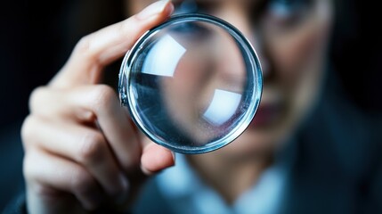Fototapeta premium Closeup hand holding magnifying glass inspecting details research concept
