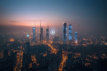 Fototapeta premium High speed wireless network connecting urban skyline at dusk, 5G wireless network, high speed internet Global connectivity, smart city