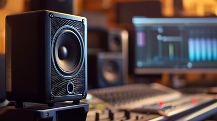 Modern Studio Monitor Speaker In A Music Setup With Blurred Background And Copy Space On The Right