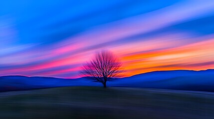 Obraz premium Lonely Tree Silhouette Vibrant Sunset Landscape