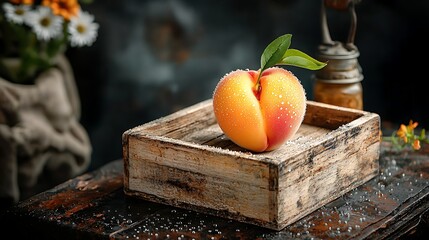 Juicy peach on a wooden crate, sprinkled with sugar, with flowers and jars in the background
