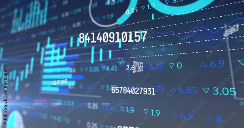 Poster financial dashboard showing large numeric string 15525472051 displaying cyan bars and line graphs
