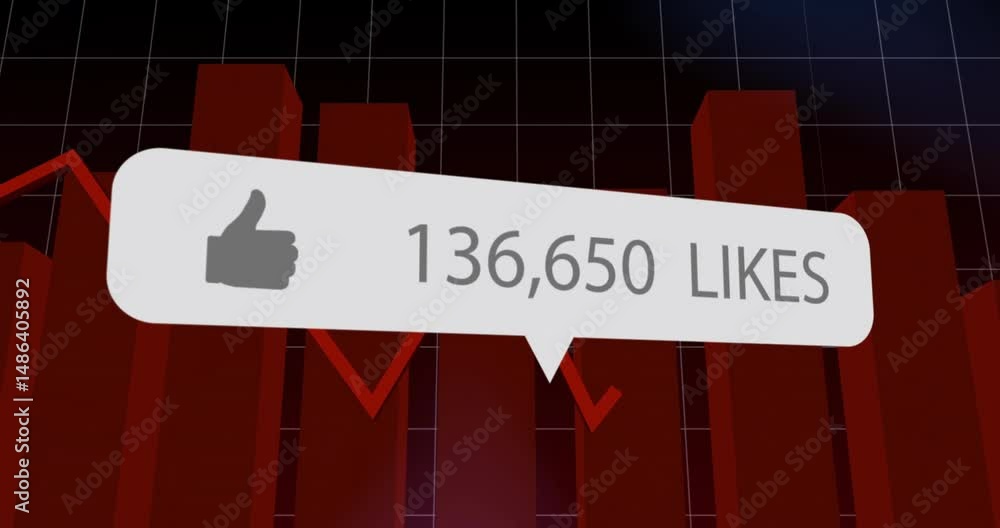 Poster social media likes being animated on red chart columns in 3d, showing speech bubble icon motion