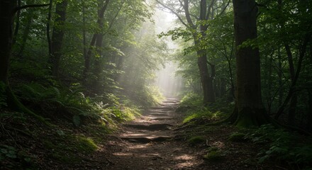 Obraz premium Sunlit Path Through a Lush Green Forest
