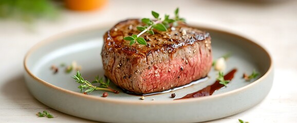 Juicy steak on plate. Medium-rare cut, seasoned, garnished with herbs. Served beautifully