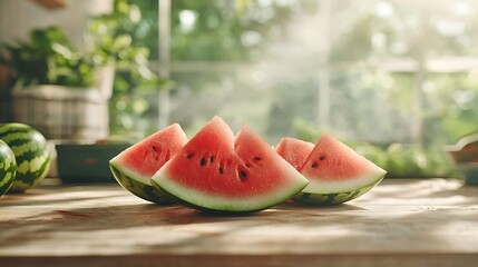 Juicy watermelon slices on a wooden table with a blurred green garden backdrop. Fresh, summery vibes